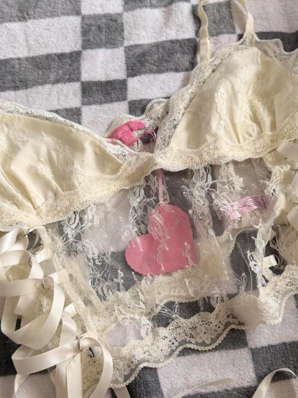 Sugar Thrillz Ivory Lace Bralette with Pink Heart Details